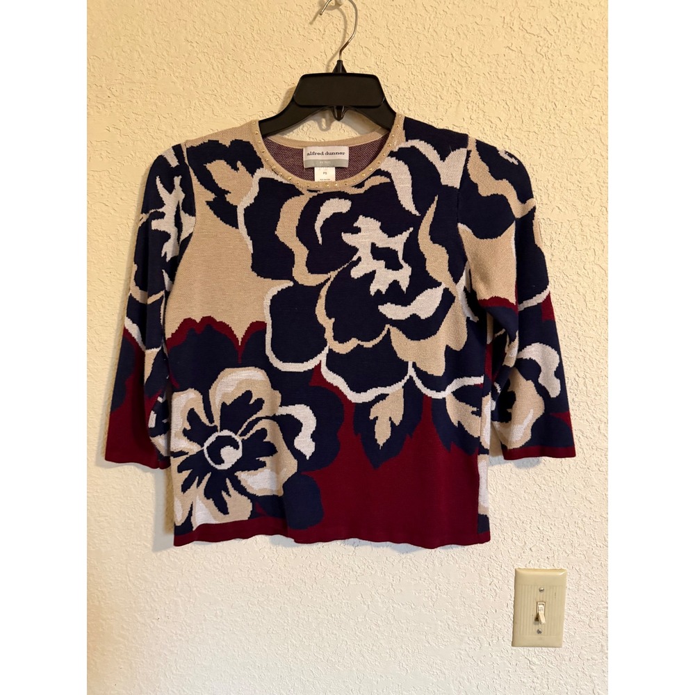 Alfred Dunner Petite Small Floral Knit Sweater 3/4 Sleeve Studded Navy Burgundy
